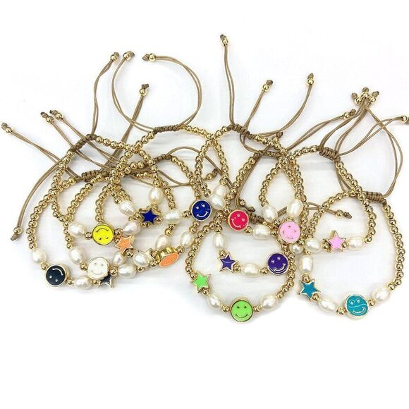 Gold Enamel Happy Face Bracelet – KyleChanDesign Gold Beaded Yellow Enamel Happy Face Bracelet